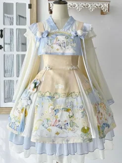 Sweet Lolita Outfits Baby Blue Jacquard Sleeveless Jumper Headwear Accessory
