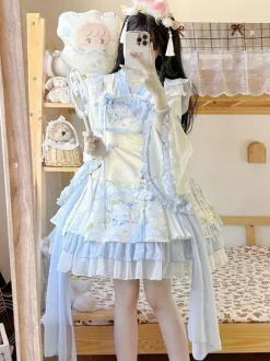 Sweet Lolita Outfits Baby Blue Jacquard Sleeveless Jumper Headwear Accessory