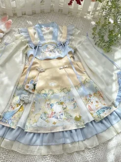 Sweet Lolita Outfits Baby Blue Jacquard Sleeveless Jumper Headwear Accessory