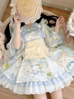 Sweet Lolita Outfits Baby Blue Jacquard Sleeveless Jumper Headwear Accessory