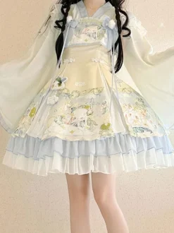 Sweet Lolita Outfits Baby Blue Jacquard Sleeveless Jumper Headwear Accessory