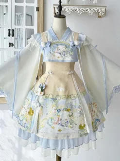 Sweet Lolita Outfits Baby Blue Jacquard Sleeveless Jumper Headwear Accessory