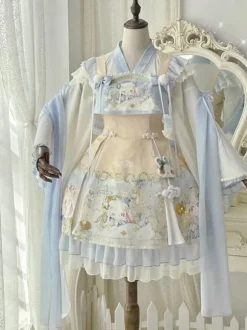 Sweet Lolita Outfits Baby Blue Jacquard Sleeveless Jumper Headwear Accessory