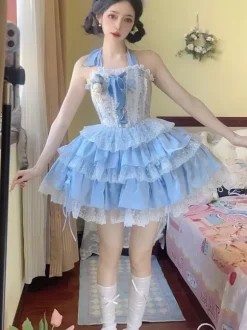 Sweet Lolita Outfits Light Sky Blue Lace Up Lace Bows Floral Print Sleeveless Top Skirt Sets