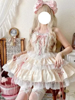Sweet Lolita Outfits Light Sky Blue Lace Up Lace Bows Floral Print Sleeveless Top Skirt Sets