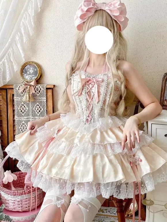 Sweet Lolita Outfits Light Sky Blue Lace Up Lace Bows Floral Print Sleeveless Top Skirt Sets