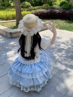 Sweet Lolita Outfits Light Sky Blue Lace Up Lace Bows Floral Print Sleeveless Top Skirt Sets