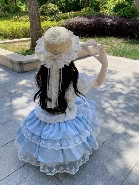Sweet Lolita Outfits Light Sky Blue Lace Up Lace Bows Floral Print Sleeveless Top Skirt Sets