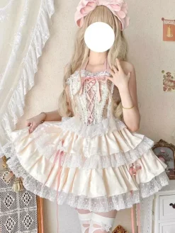 Sweet Lolita Outfits Light Sky Blue Lace Up Lace Bows Floral Print Sleeveless Top Skirt Sets