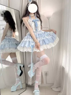 Sweet Lolita Outfits Light Sky Blue Lace Up Lace Bows Floral Print Sleeveless Top Skirt Sets