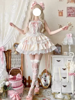 Sweet Lolita Outfits Light Sky Blue Lace Up Lace Bows Floral Print Sleeveless Top Skirt Sets