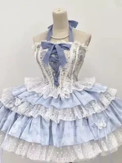Sweet Lolita Outfits Light Sky Blue Lace Up Lace Bows Floral Print Sleeveless Top Skirt Sets