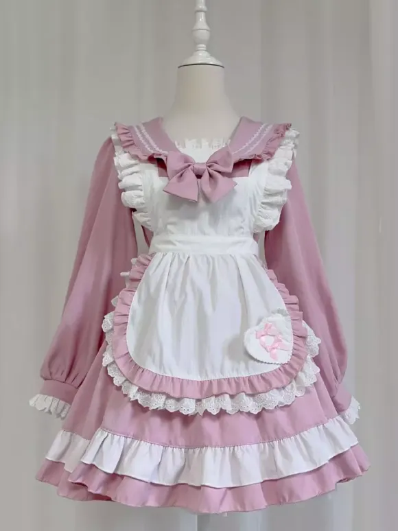 Sweet Lolita Polyester Long Sleeves Bows Sweet Apron Pink Lolita Dress