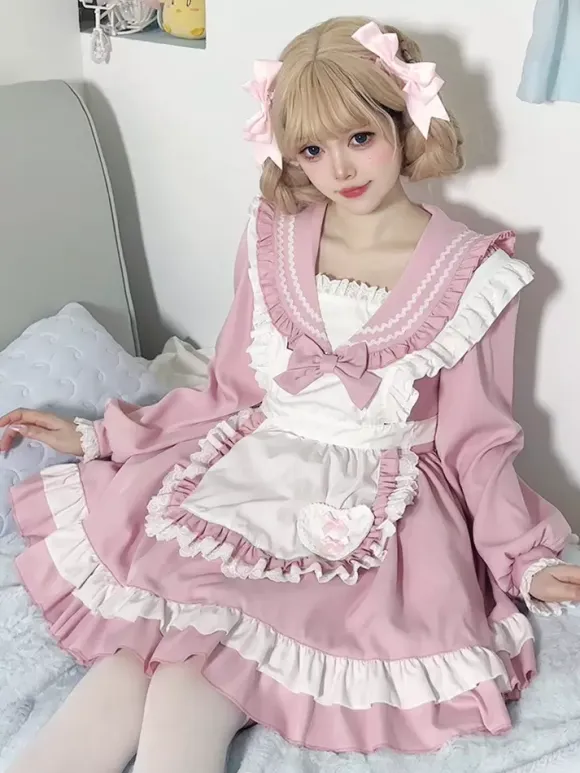 Sweet Lolita Polyester Long Sleeves Bows Sweet Apron Pink Lolita Dress