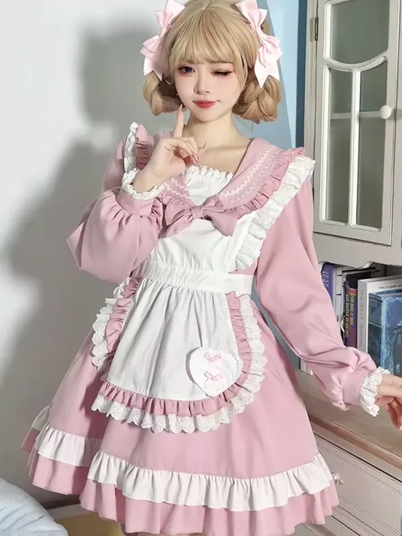 Sweet Lolita Polyester Long Sleeves Bows Sweet Apron Pink Lolita Dress