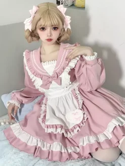 Sweet Lolita Polyester Long Sleeves Bows Sweet Apron Pink Lolita Dress