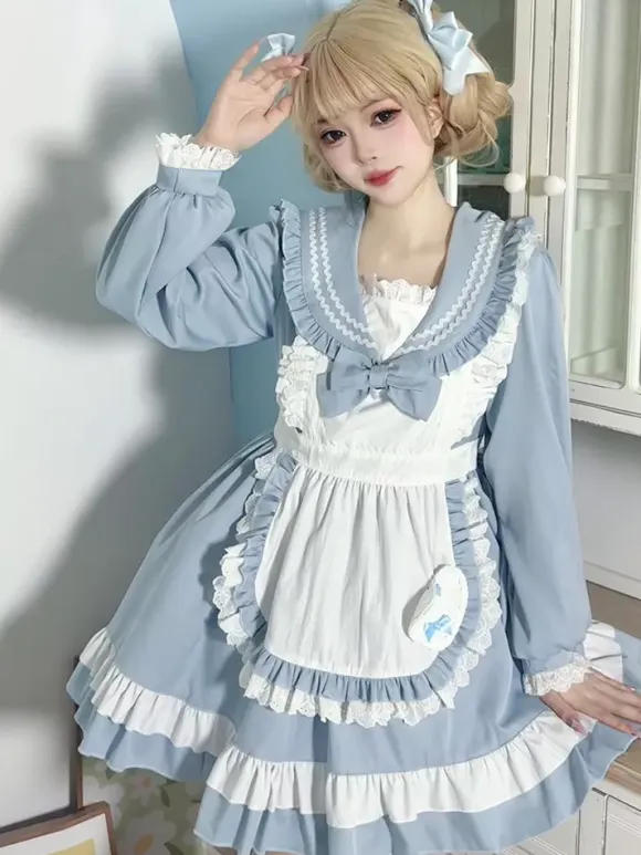 Sweet Lolita Polyester Long Sleeves Bows Sweet Apron Pink Lolita Dress