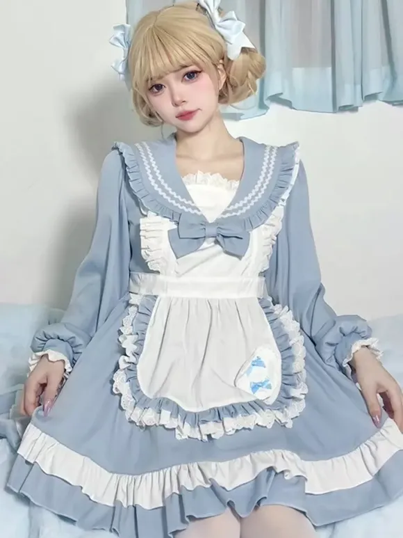Sweet Lolita Polyester Long Sleeves Bows Sweet Apron Pink Lolita Dress