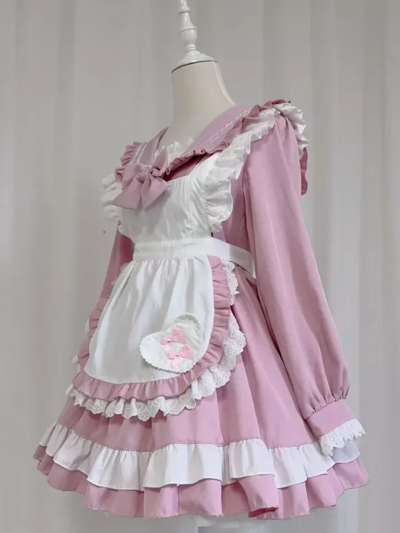 Sweet Lolita Polyester Long Sleeves Bows Sweet Apron Pink Lolita Dress