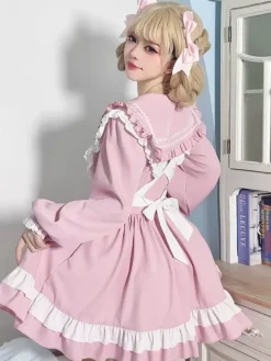 Sweet Lolita Polyester Long Sleeves Bows Sweet Apron Pink Lolita Dress