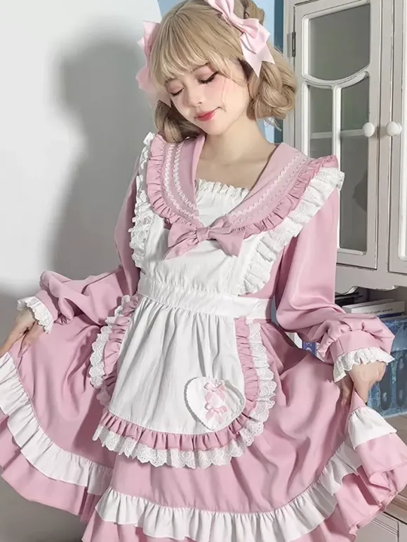 Sweet Lolita Polyester Long Sleeves Bows Sweet Apron Pink Lolita Dress