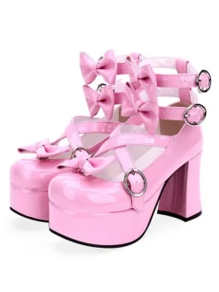 Sweet Lolita Pumps Pink Bows High Heel Platform Leather Lolita Shoes