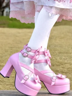 Sweet Lolita Pumps Pink Bows High Heel Platform Leather Lolita Shoes
