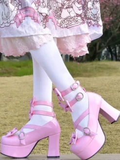 Sweet Lolita Pumps Pink Bows High Heel Platform Leather Lolita Shoes