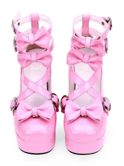 Sweet Lolita Pumps Pink Bows High Heel Platform Leather Lolita Shoes