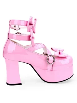 Sweet Lolita Pumps Pink Bows High Heel Platform Leather Lolita Shoes