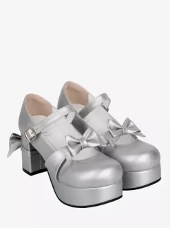 Sweet Lolita Pumps Silver Round Toe Bowknot PU Leather Shoes Kawaii Fashion Footwear