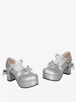 Sweet Lolita Pumps Silver Round Toe Bowknot PU Leather Shoes Kawaii Fashion Footwear