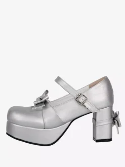 Sweet Lolita Pumps Silver Round Toe Bowknot PU Leather Shoes Kawaii Fashion Footwear
