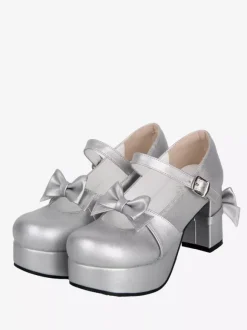 Sweet Lolita Pumps Silver Round Toe Bowknot PU Leather Shoes Kawaii Fashion Footwear