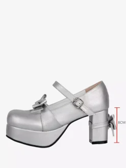 Sweet Lolita Pumps Silver Round Toe Bowknot PU Leather Shoes Kawaii Fashion Footwear
