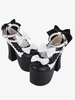Sweet Lolita Sandals Black Bows Bow PU Leather Round Toe Lolita Summer Shoes