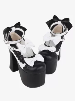 Sweet Lolita Sandals Black Bows Bow PU Leather Round Toe Lolita Summer Shoes