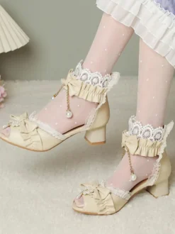 Sweet Lolita Sandals Bows Lace Pearls Peep Toe PU Leather Ecru White Lolita Summer Shoes