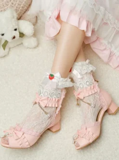 Sweet Lolita Sandals Bows Lace Pearls Peep Toe PU Leather Ecru White Lolita Summer Shoes