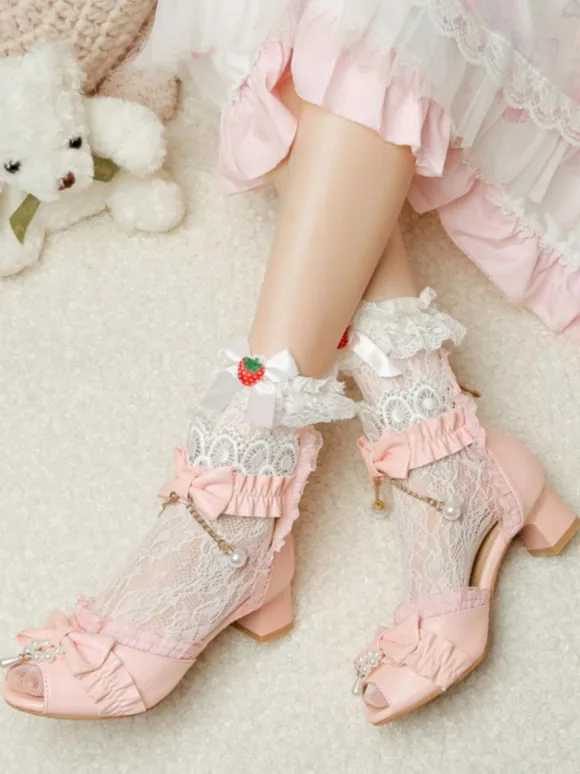 Sweet Lolita Sandals Bows Lace Pearls Peep Toe PU Leather Ecru White Lolita Summer Shoes