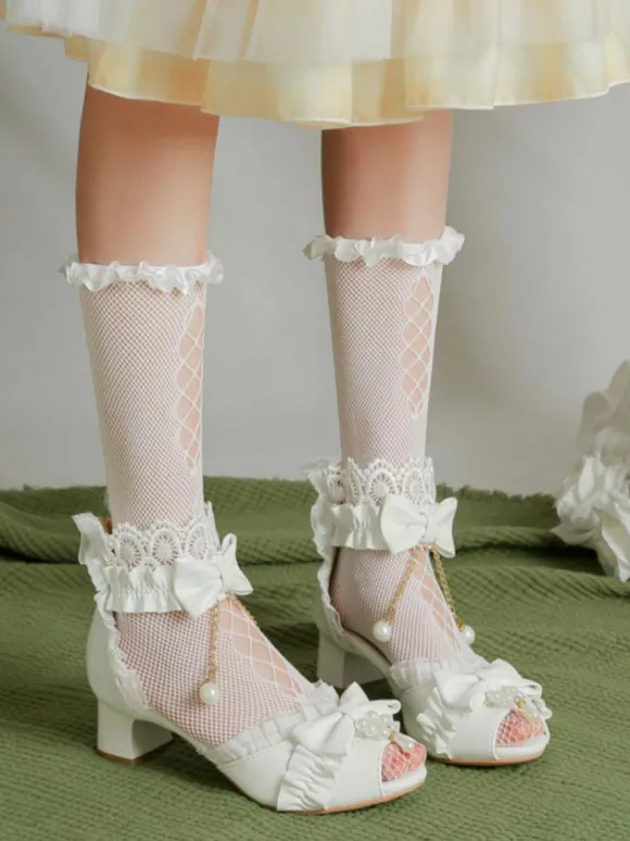 Sweet Lolita Sandals Bows Lace Pearls Peep Toe PU Leather Ecru White Lolita Summer Shoes