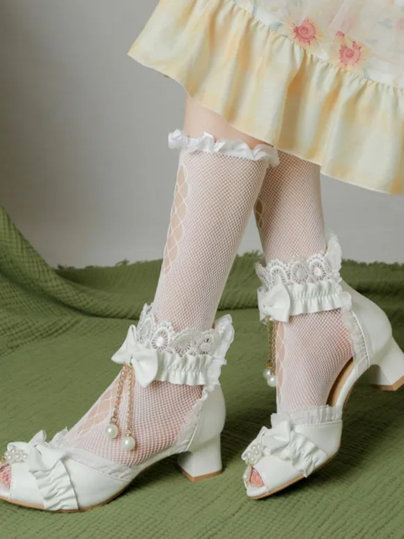 Sweet Lolita Sandals Bows Lace Pearls Peep Toe PU Leather Ecru White Lolita Summer Shoes