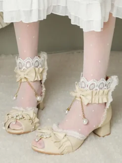 Sweet Lolita Sandals Bows Lace Pearls Peep Toe PU Leather Ecru White Lolita Summer Shoes