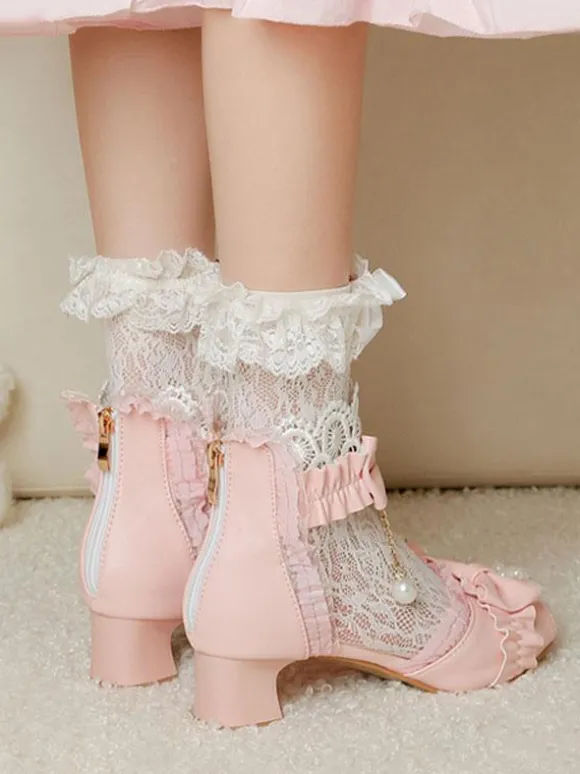 Sweet Lolita Sandals Bows Lace Pearls Peep Toe PU Leather Ecru White Lolita Summer Shoes