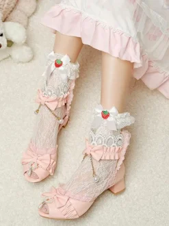 Sweet Lolita Sandals Bows Lace Pearls Peep Toe PU Leather Ecru White Lolita Summer Shoes