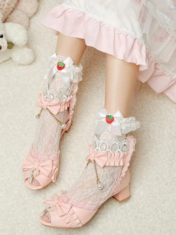 Sweet Lolita Sandals Bows Lace Pearls Peep Toe PU Leather Ecru White Lolita Summer Shoes