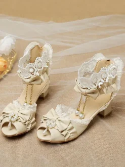 Sweet Lolita Sandals Bows Lace Pearls Peep Toe PU Leather Ecru White Lolita Summer Shoes