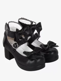 Sweet Lolita Sandals Bows Round Toe Bow PU Leather Black Lolita Summer Shoes