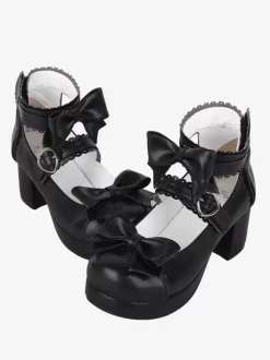 Sweet Lolita Sandals Bows Round Toe Bow PU Leather Black Lolita Summer Shoes