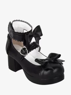Sweet Lolita Sandals Bows Round Toe Bow PU Leather Black Lolita Summer Shoes